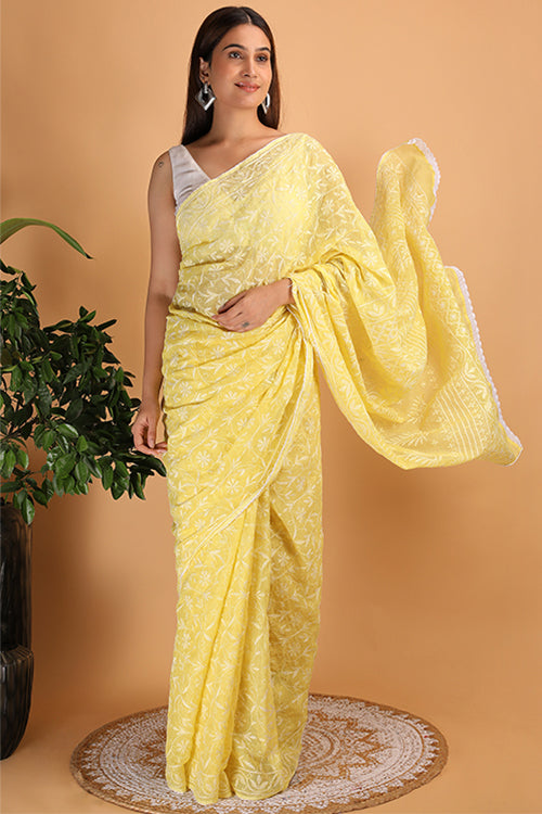 Shwet Yellow  Kota Cotton Chikankari Saree
