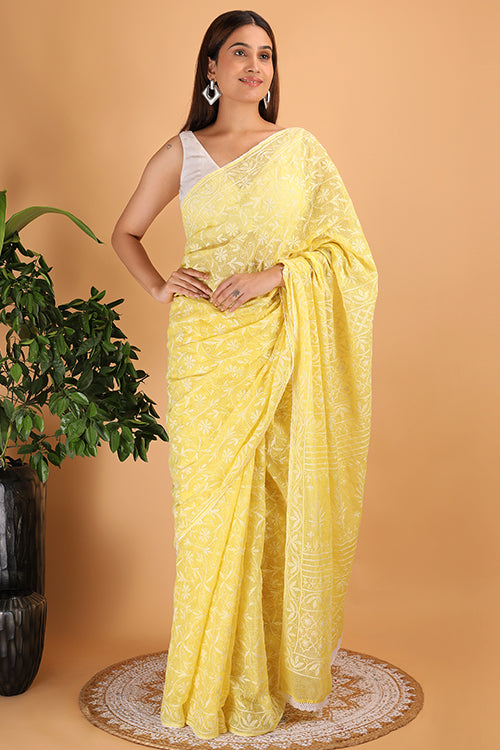 Shwet Yellow  Kota Cotton Chikankari Saree