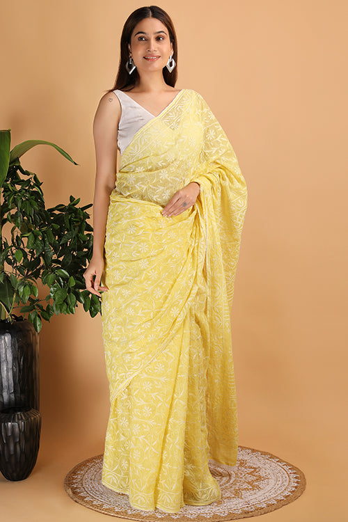Shwet Yellow  Kota Cotton Chikankari Saree