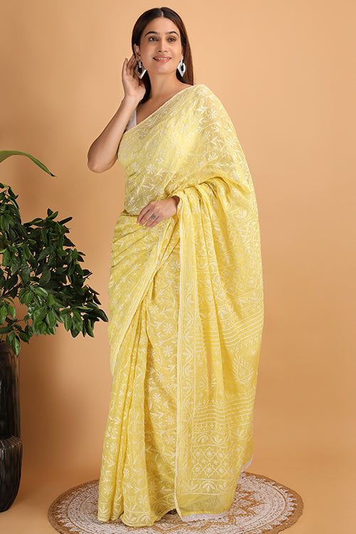 Shwet Yellow  Kota Cotton Chikankari Saree