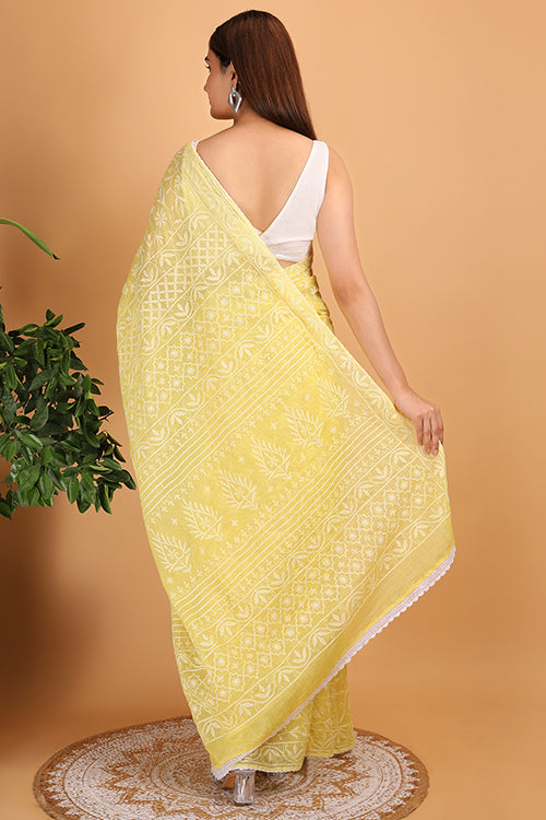 Shwet Yellow  Kota Cotton Chikankari Saree