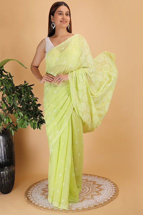 Shwet Light Green   Kota Cotton  Chikankari Saree