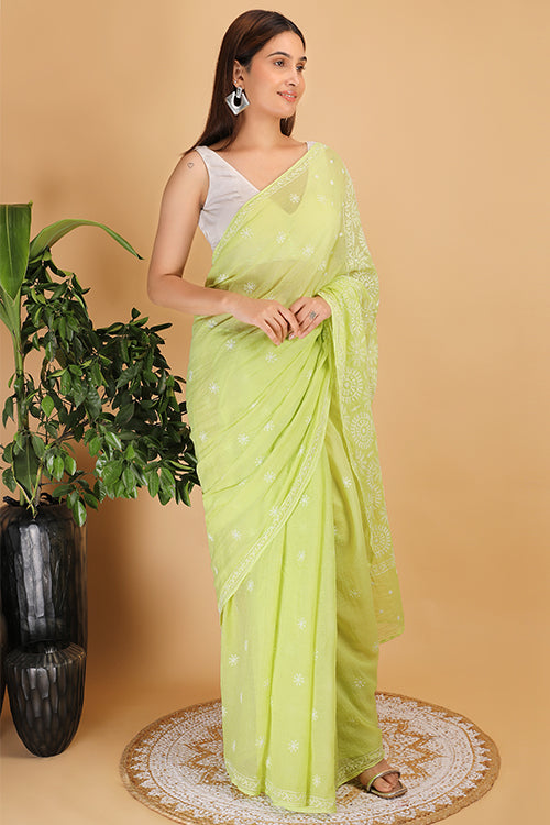 Shwet Light Green   Kota Cotton  Chikankari Saree