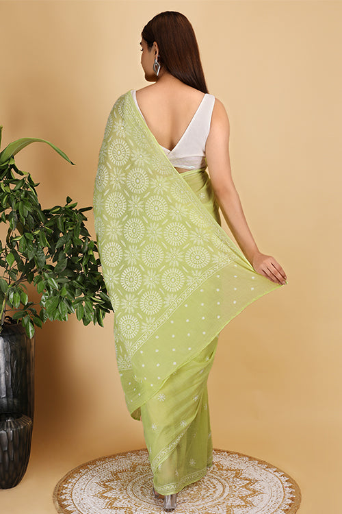 Shwet Light Green   Kota Cotton  Chikankari Saree
