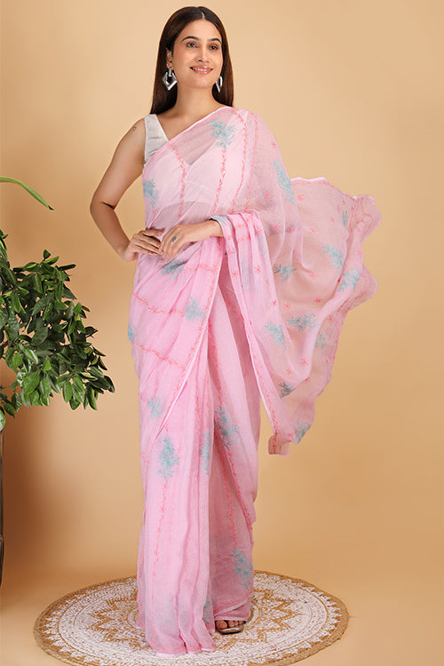 Shwet Pink Kota Cotton Chikankari Saree