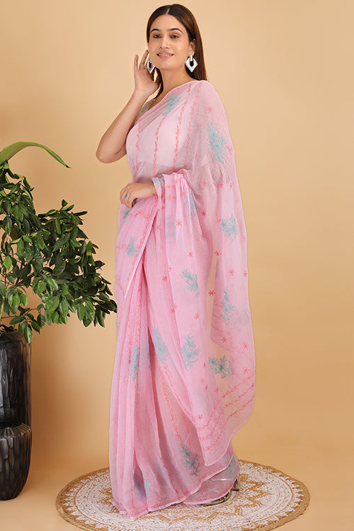 Shwet Pink Kota Cotton Chikankari Saree