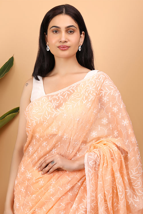 Shwet Pink Kota Cotton Chikankari Saree Online