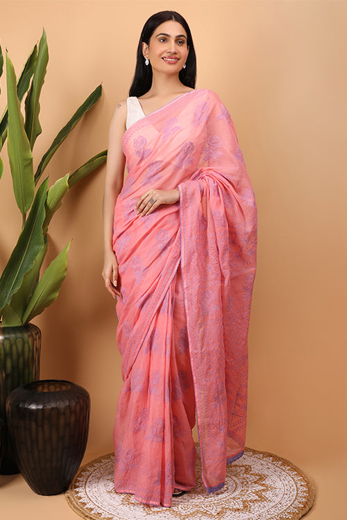 Shwet Peach Kota Cotton Chikankari Saree Online