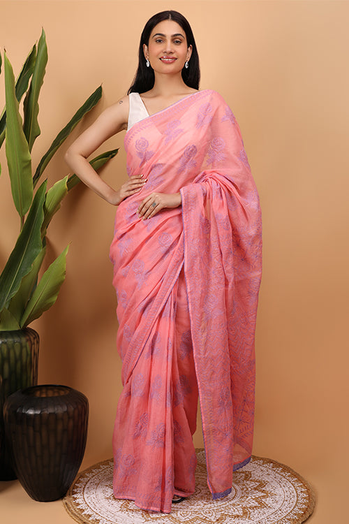 Shwet Peach Kota Cotton Chikankari Saree