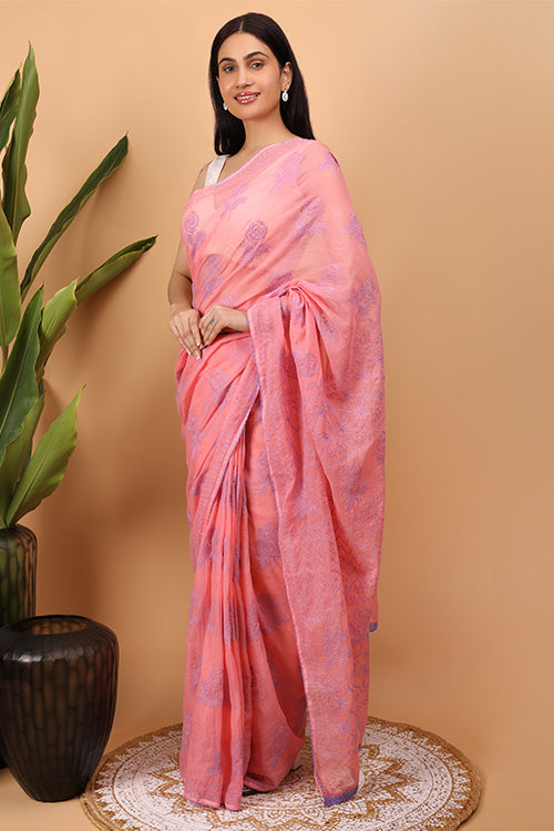 Shwet Peach Kota Cotton Chikankari Saree