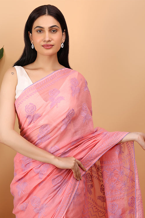 Shwet Peach Kota Cotton Chikankari Saree Online