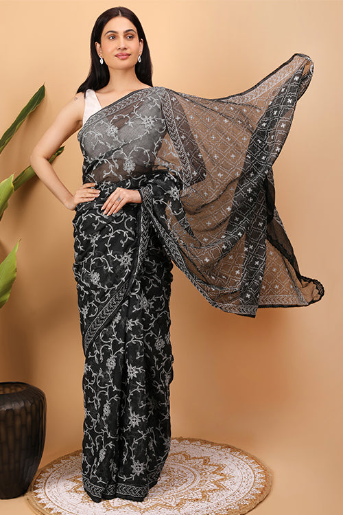 Shwet Black Kota Cotton Chikankari Saree