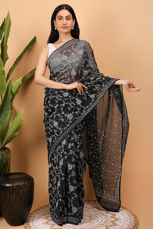 Shwet Black Kota Cotton Chikankari Saree Online