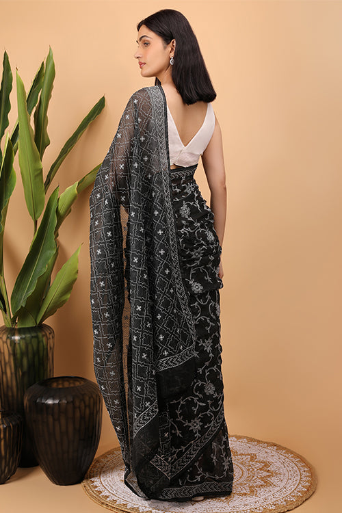 Shwet Black Kota Cotton Chikankari Saree