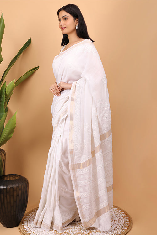 Shwet White Chanderi Chikankari Saree