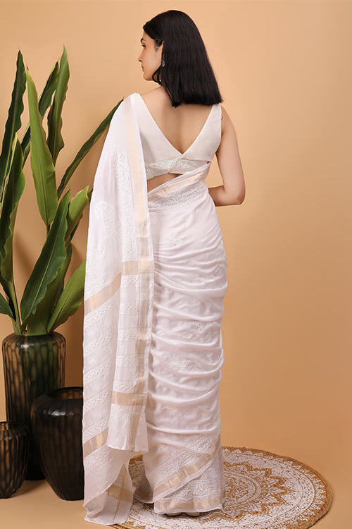 Shwet White Chanderi Chikankari Saree