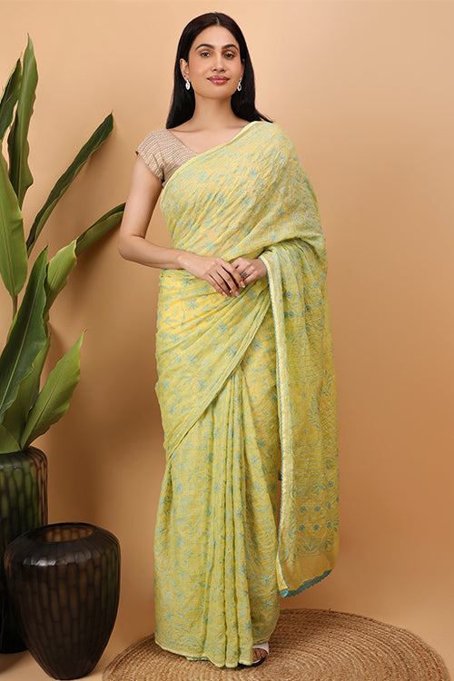 Shwet Yellow Kota Cotton Chikankari Saree