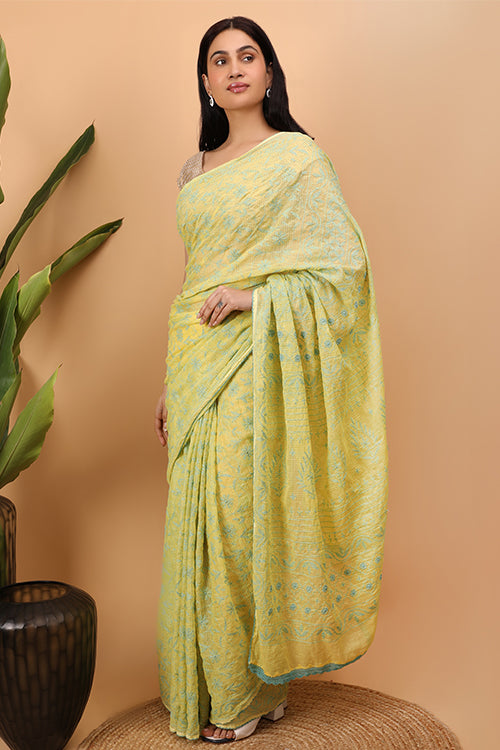 Shwet Yellow Kota Cotton Chikankari Saree