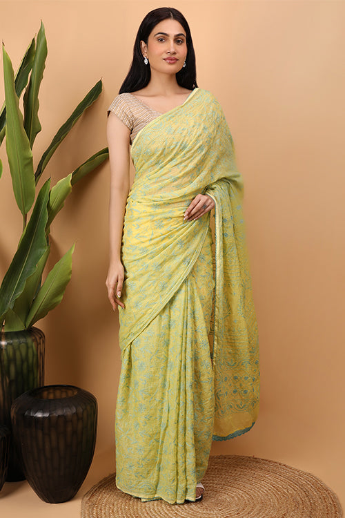 Shwet Yellow Kota Cotton Chikankari Saree