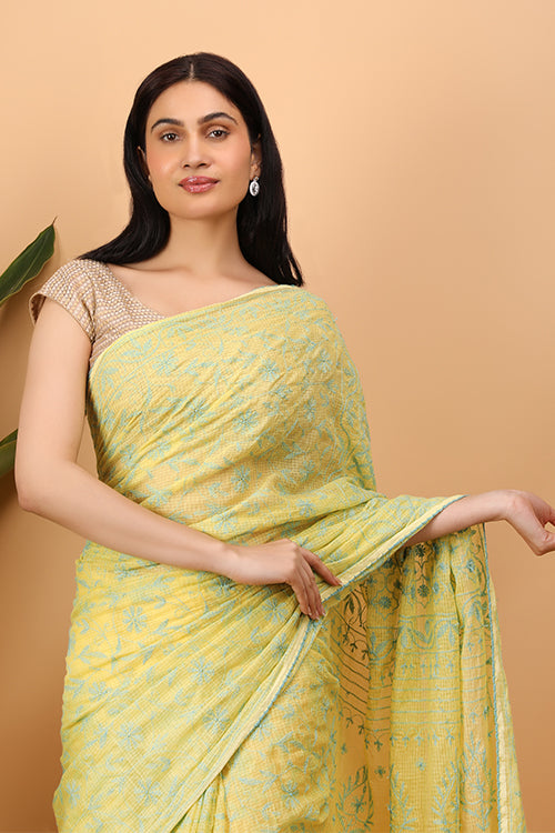 Shwet Yellow Kota Cotton Chikankari Saree