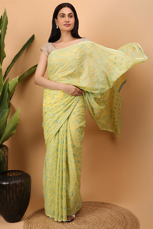 Shwet Yellow Kota Cotton Chikankari Saree