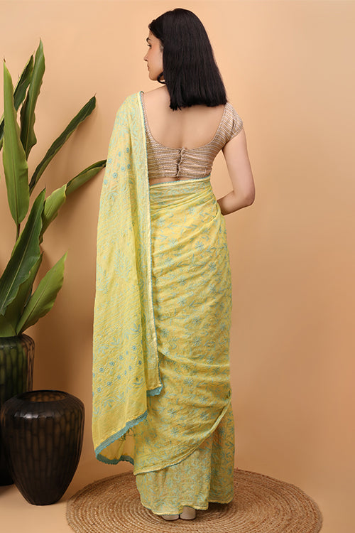 Shwet Yellow Kota Cotton Chikankari Saree