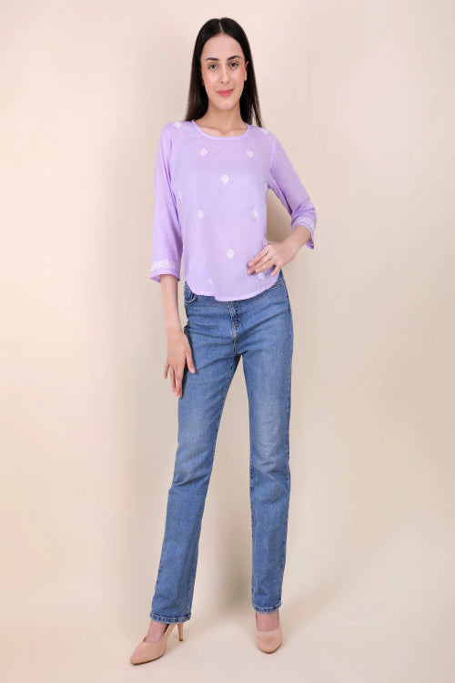 Shwet Women Hand Embroidered "Pastel Poise" Lavendar Short Top