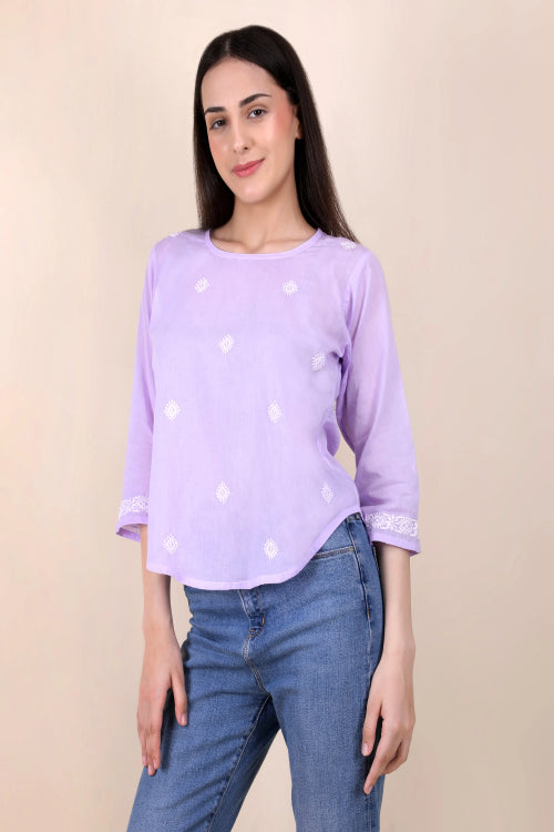 Shwet Women Hand Embroidered "Pastel Poise" Lavendar Short Top