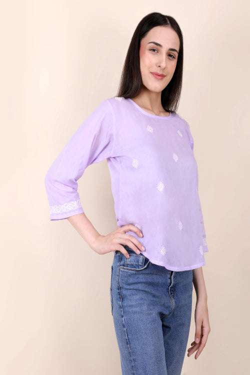 Shwet Women Hand Embroidered "Pastel Poise" Lavendar Short Top