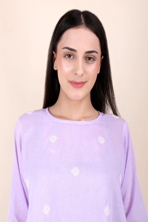 Shwet Women Hand Embroidered "Pastel Poise" Lavendar Short Top