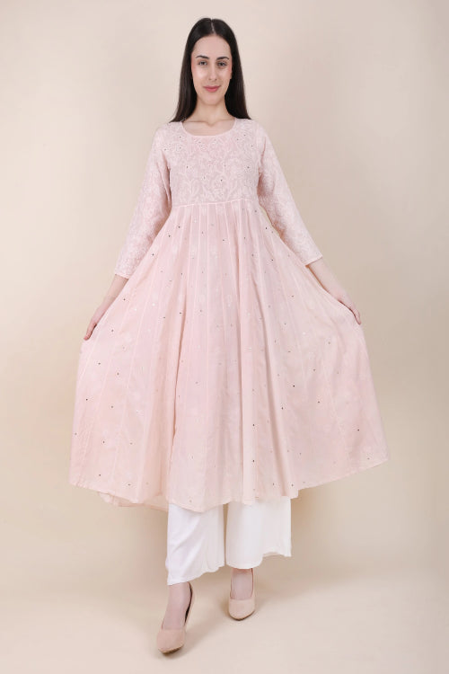 Shwet Women  Powder Pink Hand Embroidered Chikankari  Kali Kurti