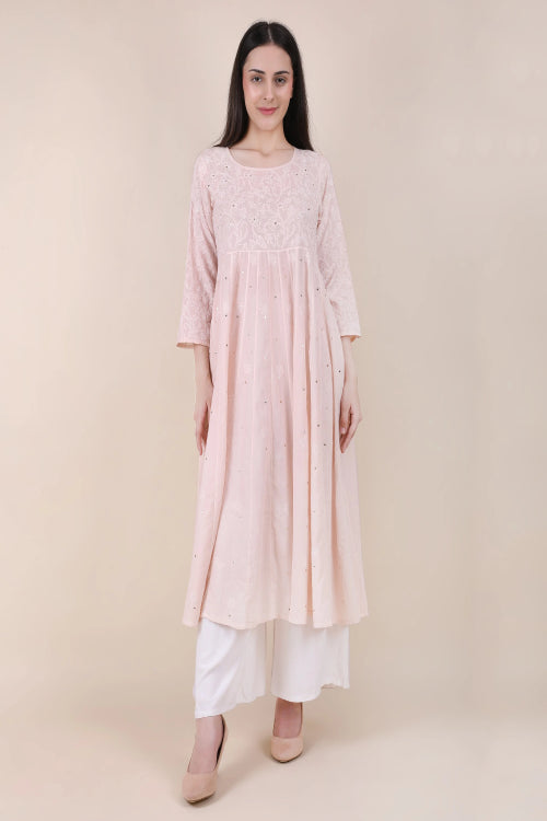 Shwet Women  Powder Pink Hand Embroidered Chikankari  Kali Kurti