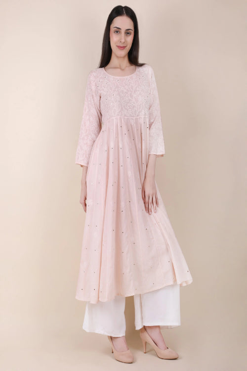 Shwet Women  Powder Pink Hand Embroidered Chikankari  Kali Kurti