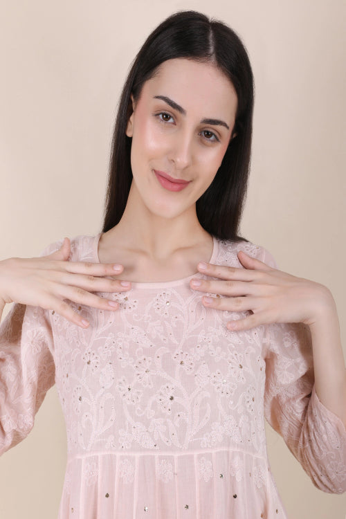 Shwet Women  Powder Pink Hand Embroidered Chikankari  Kali Kurti