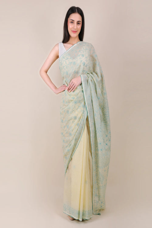 Shwet Women Yellow Hand Embroidered Kota Cotton Chikankari Saree