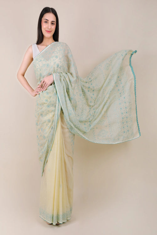 Shwet Women Yellow Hand Embroidered Kota Cotton Chikankari Saree