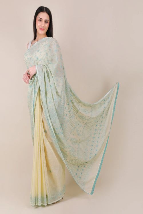 Shwet Women Yellow Hand Embroidered Kota Cotton Chikankari Saree