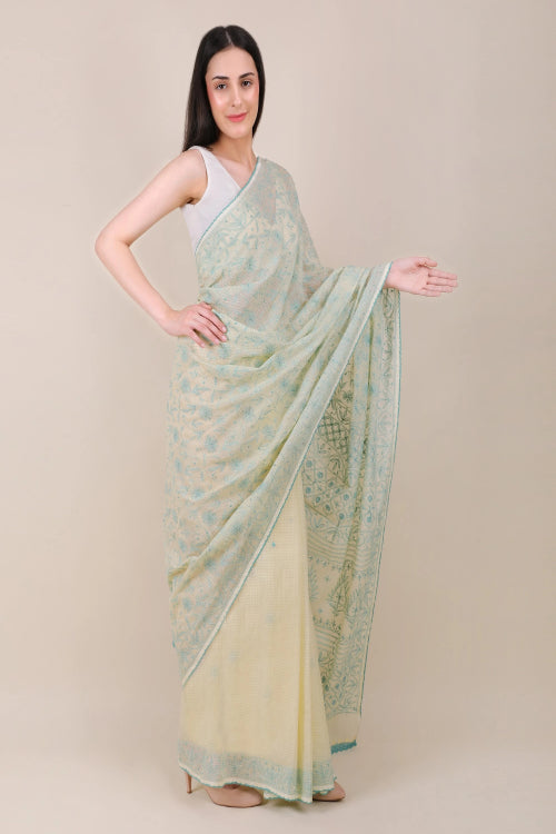 Shwet Women Yellow Hand Embroidered Kota Cotton Chikankari Saree