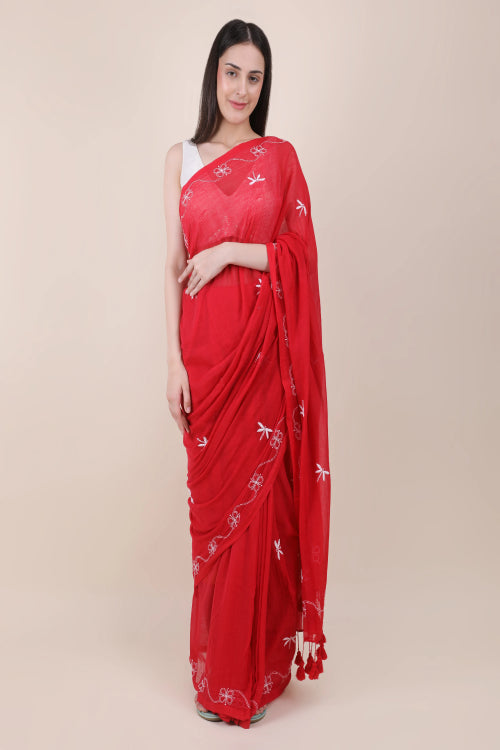 Shwet Red Hand Embroidered Chikankari Mulmul Saree