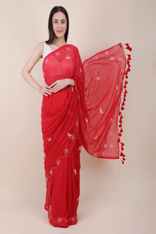 Shwet Red Hand Embroidered Chikankari Mulmul Saree