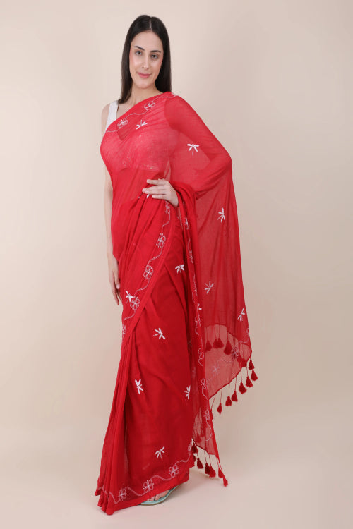 Shwet Red Hand Embroidered Chikankari Mulmul Saree