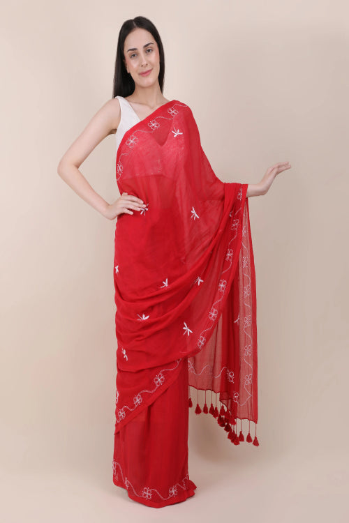 Shwet Red Hand Embroidered Chikankari Mulmul Saree