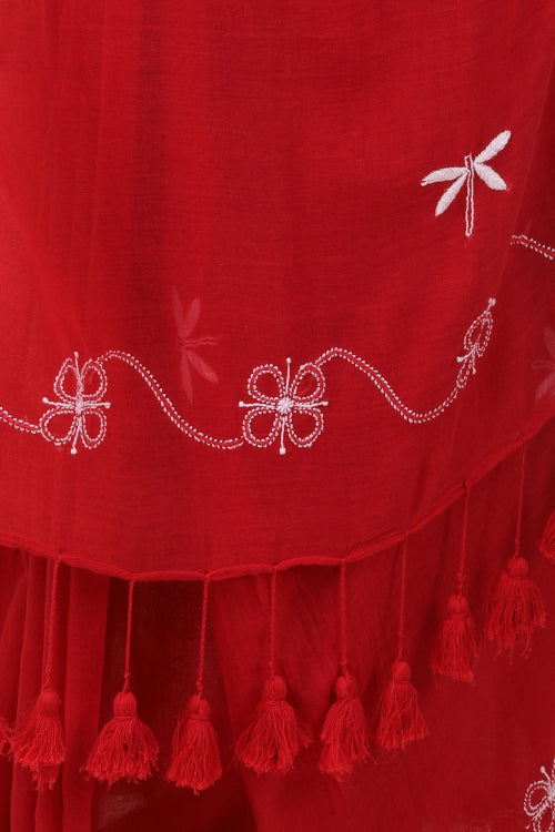 Shwet Red Hand Embroidered Chikankari Mulmul Saree