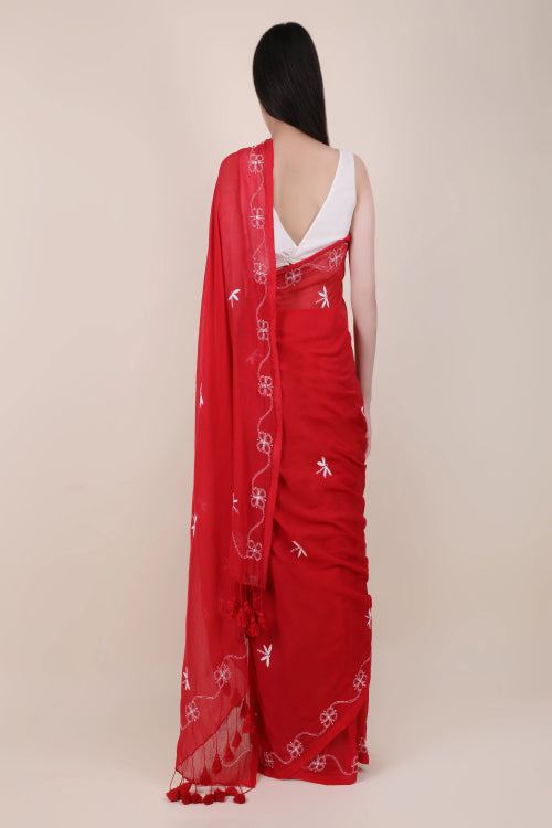 Shwet Red Hand Embroidered Chikankari Mulmul Saree