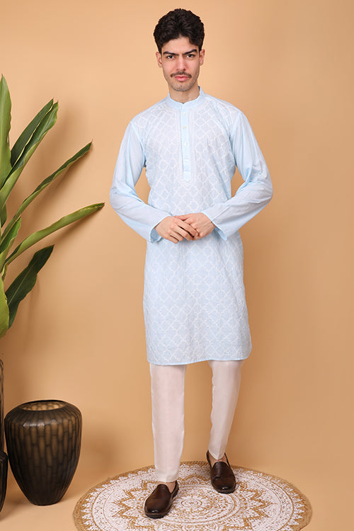 Shwet Men Cotton  Sky  Blue Chikankari Men Kurta - 296