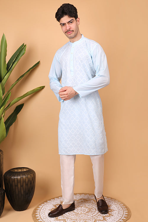 Shwet Men Cotton  Sky  Blue Chikankari Men Kurta - 296