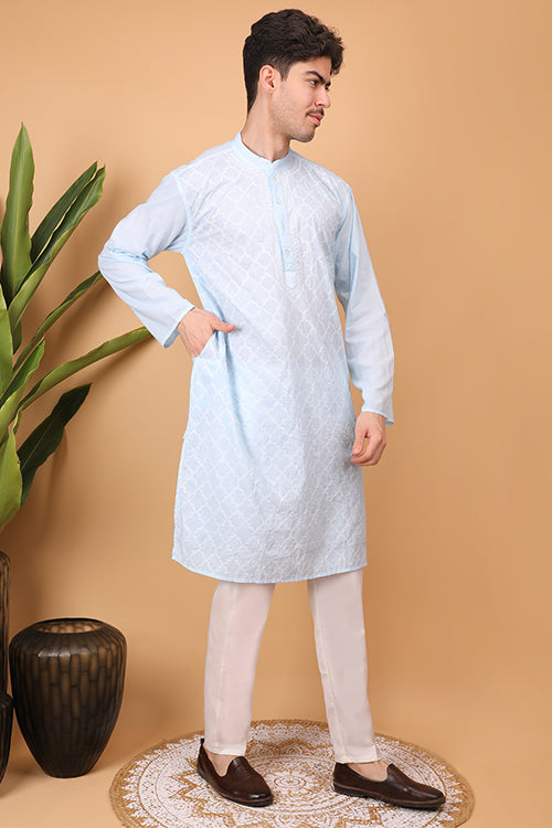 Shwet Men Cotton  Sky  Blue Chikankari Men Kurta - 296