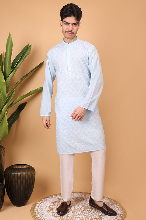 Shwet Men Cotton  Sky  Blue Chikankari Men Kurta - 296