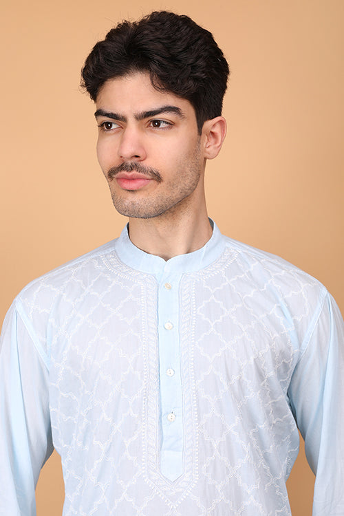 Shwet Men Cotton  Sky  Blue Chikankari Men Kurta - 296