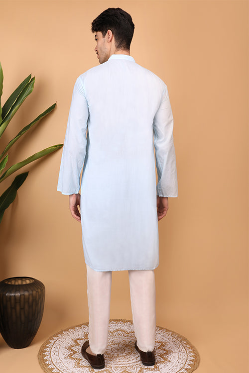 Shwet Men Cotton  Sky  Blue Chikankari Men Kurta - 296